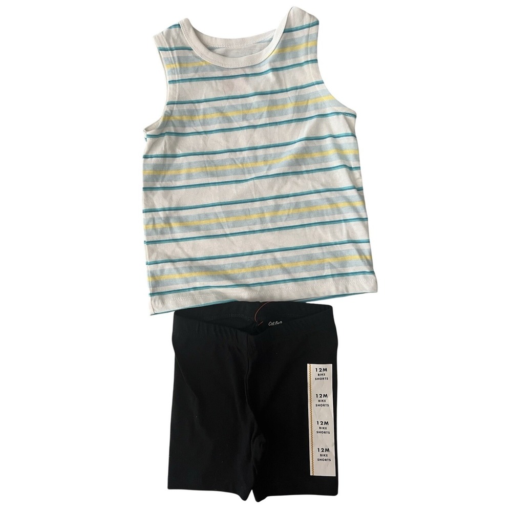 Cat & Jack Baby Kids 12M Striped Tank Top and‎ Black Bike Shorts 2pc Outfit Set